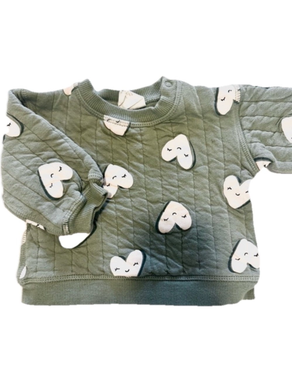 H&M Olive Green Quilted Sweater with White Heart Faces